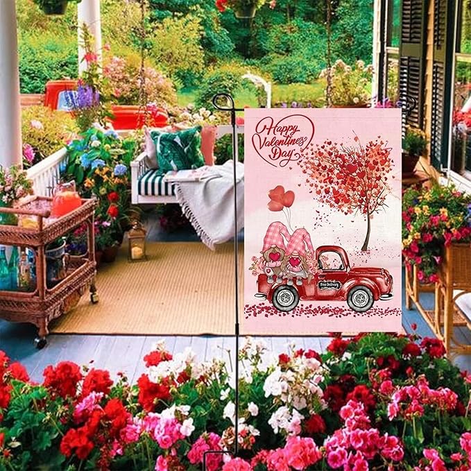 Valentine's Day Garden Flag 12x18 Inch - Cute Gnome Couple with Red Truck & Heart Tree, Double-Sided Outdoor Yard Flag Decor for Patio Yard Valentine Decorations