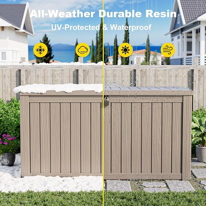 EasyUp 180 Gallon Outdoor Deck Box Waterproof, UV Resistant Resin Outdoor Storage Box with Hydraulic Rod for Delivery, Porch, Patio and Garden, Gray