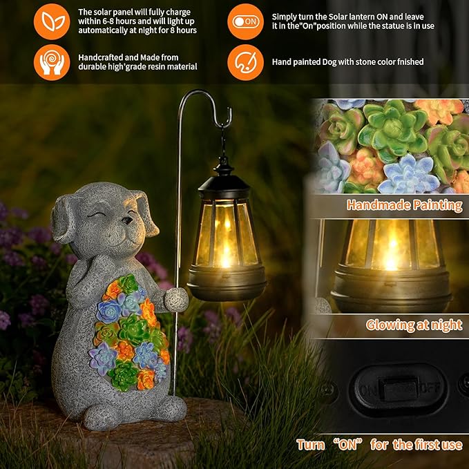 Solar Dog Garden Statue with Lantern – Waterproof Resin Outdoor Decor for Yard, Lawn, Flower Bed, Backyard, Front Yard, Patio, Balcony – Gift for Dog Lovers