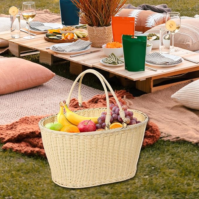 MYCENSE Wicker Picnic Storage Basket with Foldable Handle, PP Woven Empty Picnic Baskets, Sturdy Iron Wire Frame, Versatile Harvest Basket for Camping, Beach, Park, Halloween, C 35x27x17cm