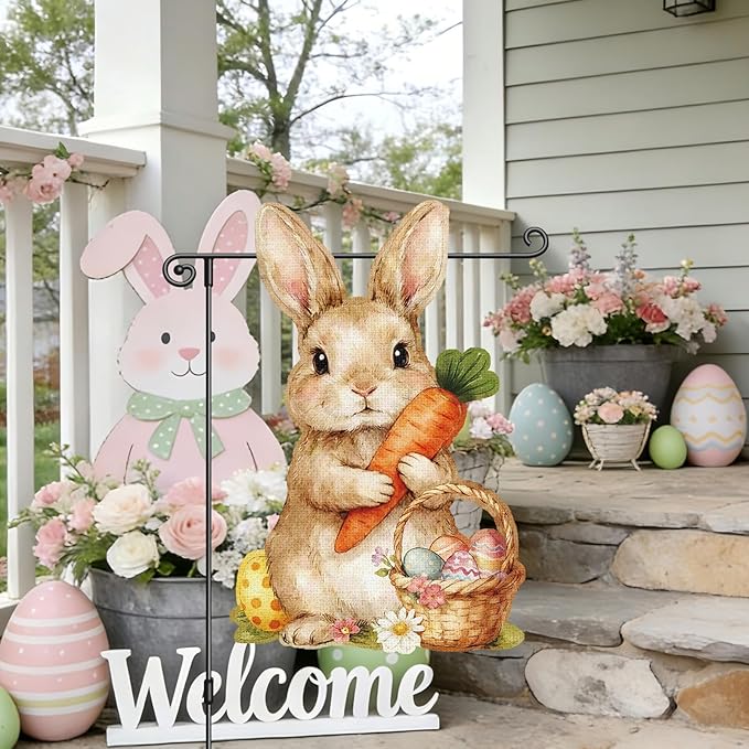 Heyfibro Happy Easter Bunny Garden Flag Banner Double Sided 12.6x18.9 Inch Cute Rabbit Garden Flag Small Yard Flags for Outside House Farmhouse Holiday Easter Outdoor Decorations