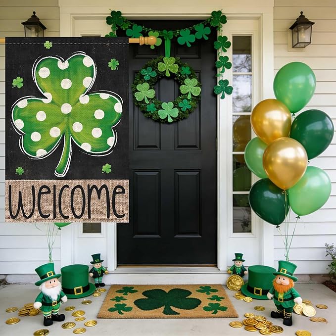 Louise Maelys St Patrick's Day Garden Flag Shamrock Welcome Double Sided 28x40 Inch Large Burlap Happy Saint Patricks Day Spring Holiday Yard Outdoor Outside Home House Decor