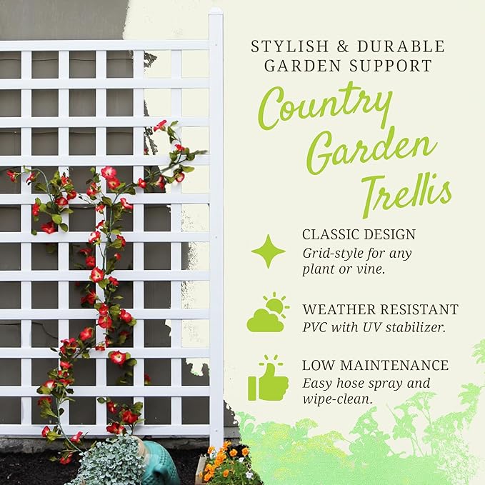 Dura-Trel 35" x 66" Country Garden Vinyl Trellis, Outdoor Plant Support Frame, White - Decorative Grid-Style Lattice for Climbing Vines, Plants & Flowers - Home Gardening and Planting Accessories