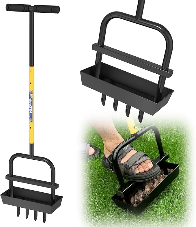 Adjustable Lawn Aerator Coring Tool with Soil Core Collection Tray, 4 Tines Manual Yard Air Grass Aerator Gardening Tool for Lawn Care Courtyards, 38''