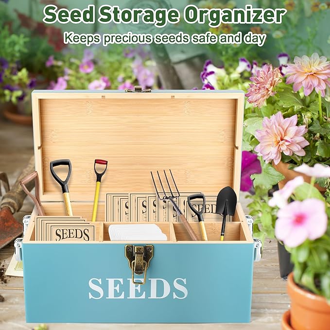 Coolrunner Wood Seed Saving Box, Seed Storage Organizer Case, Seed Packet Storage Organizer with Lock and 3 Handles, 30P Plant Labels, 30P Seeding Envelopes Bag (Blue)