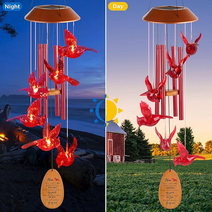 Cardinal Red Bird Solar Wind Chimes - Outdoor Garden Gifts for Mom from Daughter or Son - Mom's Room Decor for Mother's Day, Thanksgiving, Christmas, Birthday
