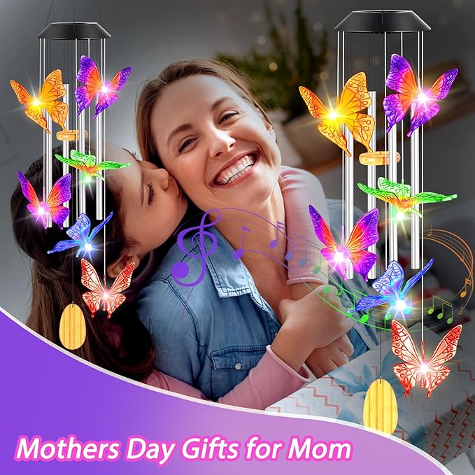Womens Gifts for Christmas Wind Chimes Gift for Mom Birthday Gifts for Women Mom Butterfly Wind Chimes for Outside Gift for Grandma Solar Lights Garden Outdoor House Patio Décor