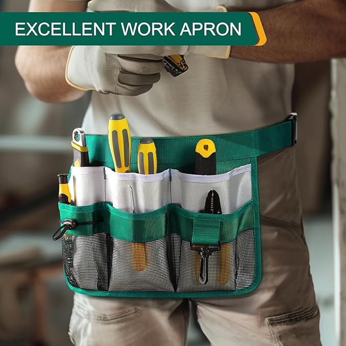 Garden Apron for Women, Adjustable Tool Belt with 8 Pockets - Heavy Duty Oxford Work Belt for Gardening, Construction (Green)