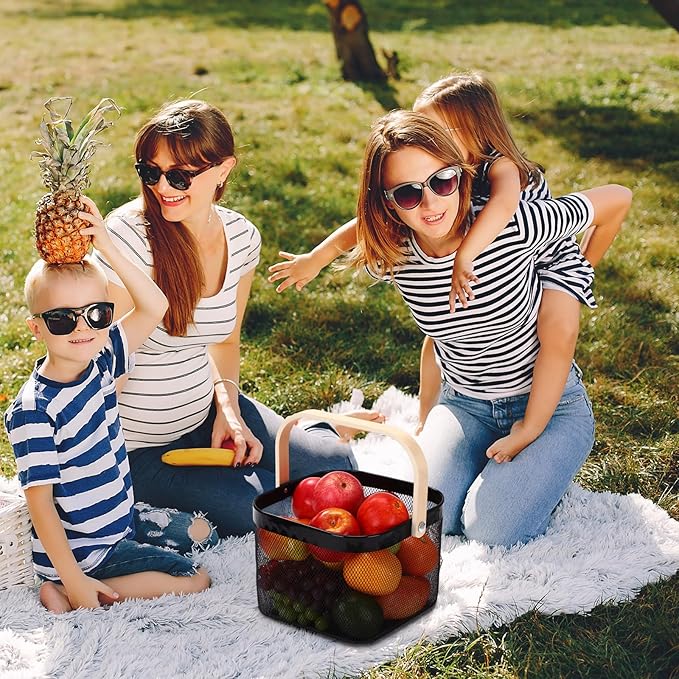 Zonon 4 Pack Harvest Garden Baskets, 2 Size Metal Mesh Harvest Storage Basket with Foldable Wooden Handle, Rectangle Durable Vegetables Fruit Basket for Garden Bathroom Kitchen Organizing, Black