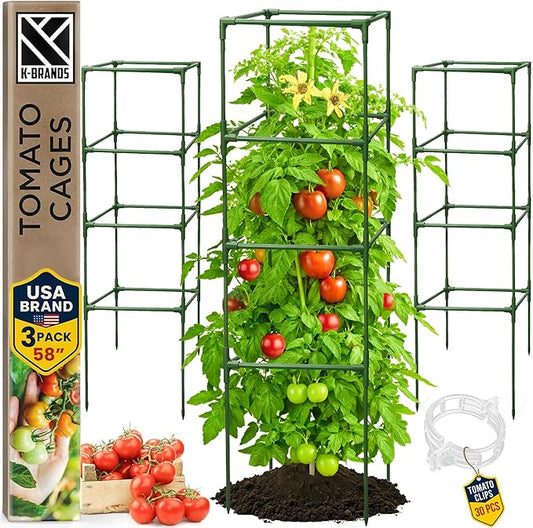 Tomato Cage Square - Large Trellis Stakes and Plant Support Structures for Vegetables and Climbing Plants - Tall Tomato Cages for Garden, Pots, Raised Garden Bed Outdoor Supplies (3 Pack - Up to 58")