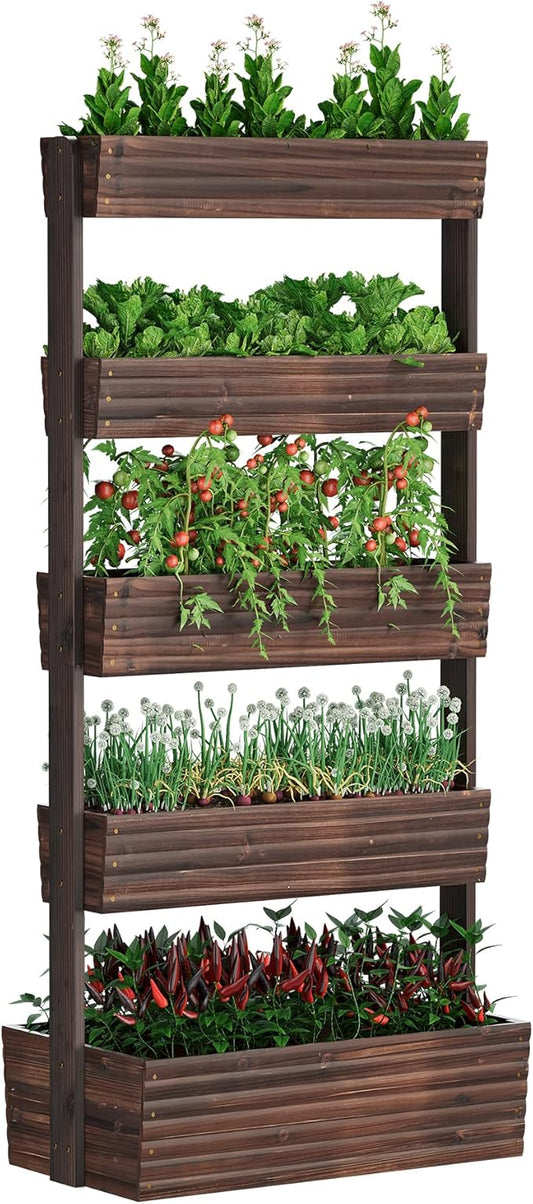 FILWH Wooden Raised Garden Bed Vertical Planter Box, Freestanding Plant Stand for Indoor Outdoor Plants, Herbs, Flowers, Vegetables, Gardening (Carbonized, 5-Tier，29.9 x 17.9 x 68in)