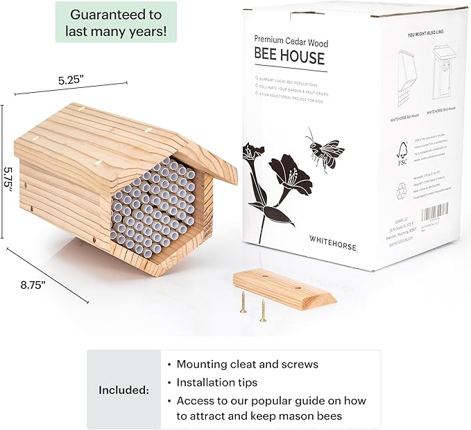 WHITEHORSE Premium Cedar Bee House - 6” Long Replaceable Tubes - Perfect for Mason Beekeeping - an Insect Hotel Built to Last - Support Bees While Pollinating Your Garden (Paper Tubes Included)