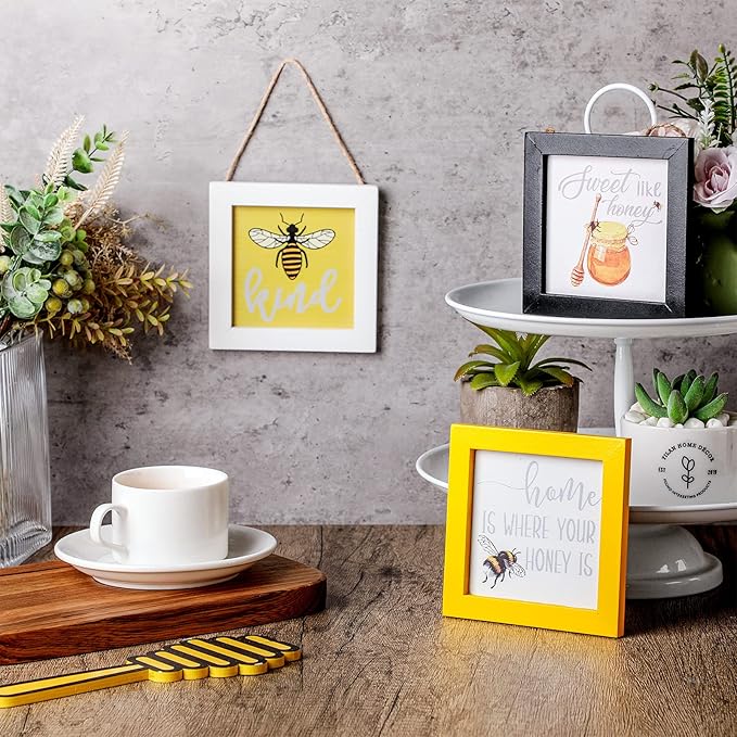 Jetec 3 Pieces Bee Hanging Signs Wall Art Wood Hanging Bee wall Decor Farmhouse Tiered Tray Decorations for Table Kitchen Signs Home Office