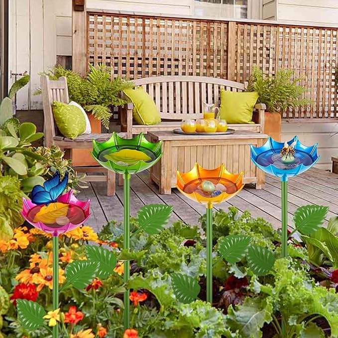 Bee Watering Station | 4 Pack Butterfly Feeder for Outside | Metal Decorative Garden Stakes | Bee Baths for Garden Yard Decor Umbrella Design (Red,Green,Blue,Yellow)