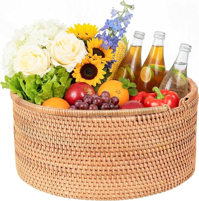 Handwoven Rattan Picnic Basket Sturdy Handles, Round Storage Organizer for Camping, Wedding, Home, Kitchen(13"×13"×5.1")