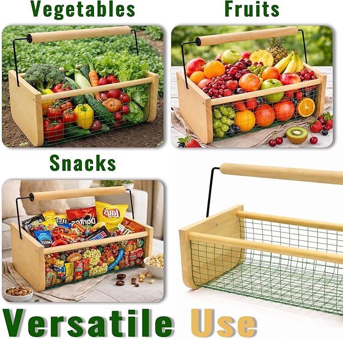 Garden Hod Harvest Basket, 16 x 10 x 7in Gardening Harvest Baskets with Wood Handle, Solid Wood with PVC Wire Mesh, Garden Baskets for Gathering Vegetables