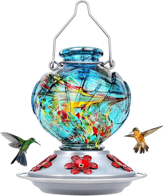 BOLITE Hummingbird Feeder, Hand Blown Glass Hummingbird Feeders for Outdoors Hanging, with Ant Moat and 5 Feeding Ports, 22 Ounces, Peony Flower Shape, Blue, Gifts for Women Men, Gifts for Mom Dad