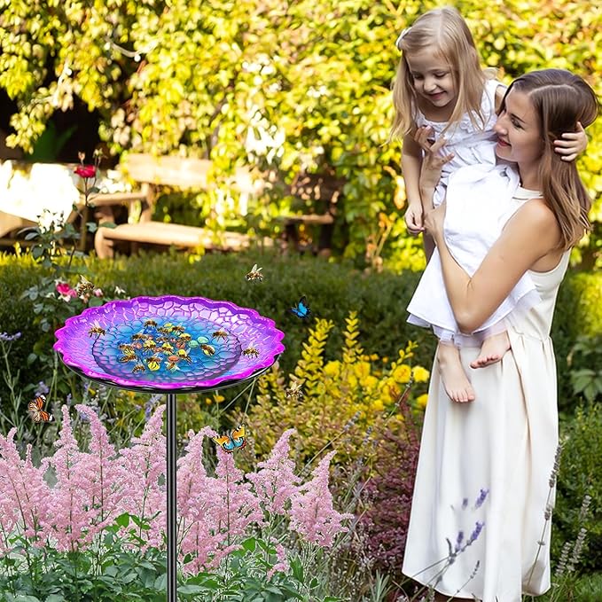 Bee Butterflies Watering Station, Standing Bee Feeder with Glass Marbles for Outside, Bee Bath Feeder with Metal Stakes Butterfly Puddler Garden Yard Déco (Purple)