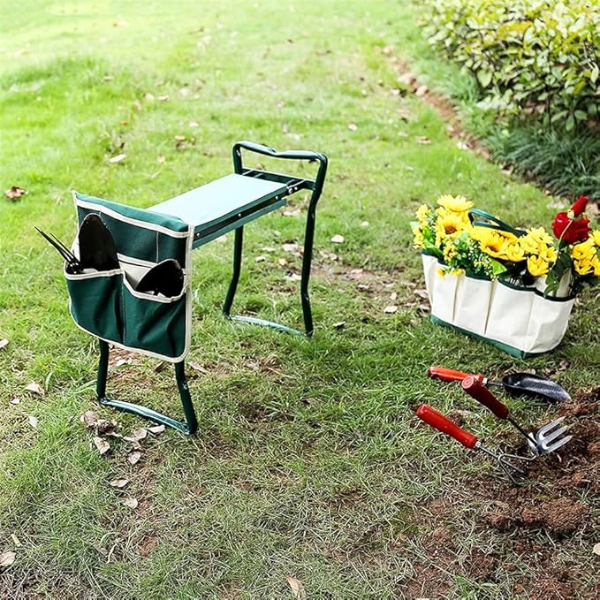 Garden Kneeler Seat Garden Stools Foldable Stool with Tool Bag Pouch EVA Foam Pad Capacity-Protects Your Knees for Gardening(Large-23.6" x 10.6" x 19.3") Tool kit（wh000005）
