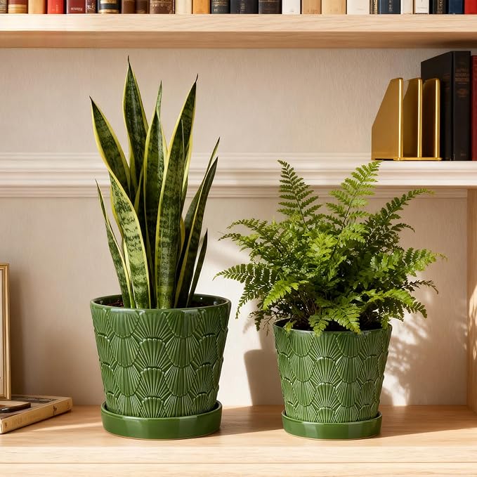 Ceramic Plant Pot,5+6 Inch Flower Pots with Drainage Hole&Tray,Ceramic Planter for Succulents Cactus,Indoor/Outdoor Pot for Plants,Set of 2- Patina