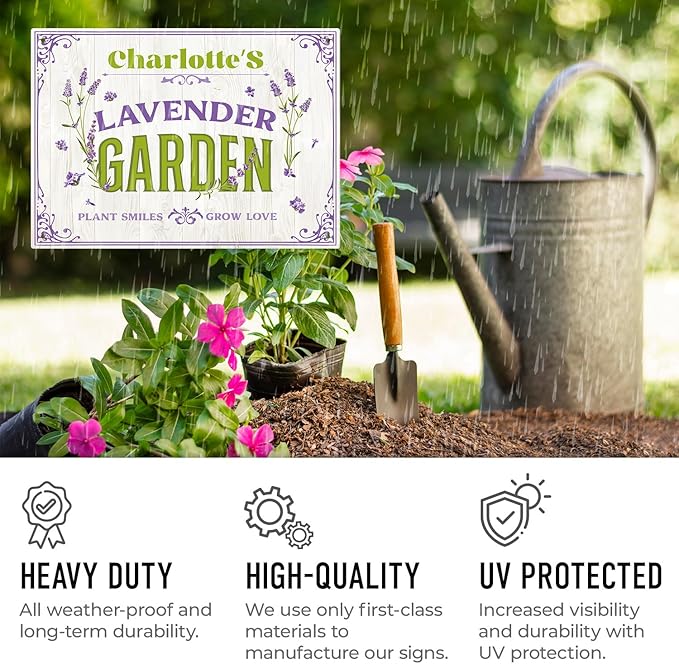 Custom Lavender Garden Sign, Personalized Name for Flower Garden, and Backyard Décor Sign, 18x24 Inches, Rust Free .063 Aluminum, Fade Resistant, Made in USA by Sigo Signs