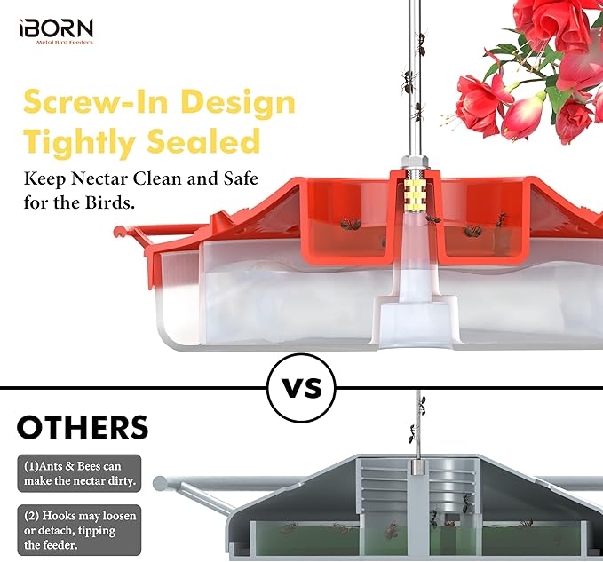 iBorn Hummingbird Feeders for Outdoors Hanging,Bee Proof Hummingbird Feeder with 14 Feeding Ports,13 OZ Saucer Humming Bird Feeders with Ant Moat,Ant Proof No Leak,Easy to Clean and Refill,2 Pack,Red