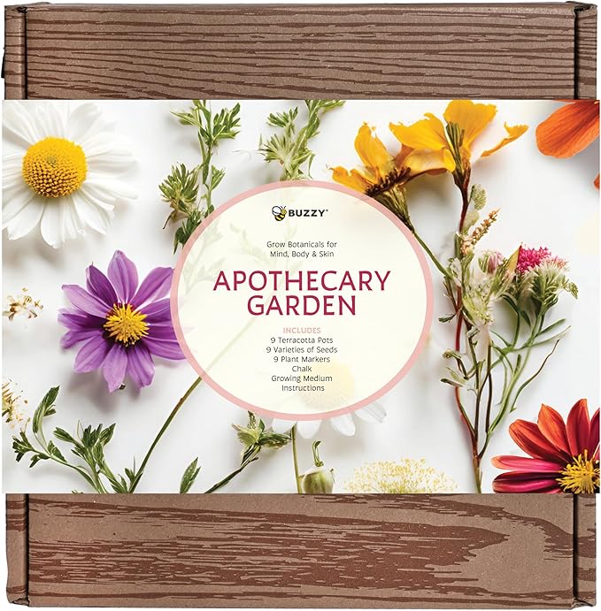 BUZZY Seeds Apothecary Garden Wellness Kit with 9 Varieties of Non-GMO Flower and Herb Seeds, Terracotta Pots, Growing Medium, and Plant Markers, a Self-Care Gift for Holistic Living