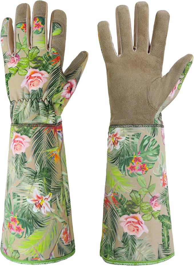HANDLANDY Leather Gardening Gloves for Women, Scratch Resistant Breathable Ladies Rose Pruning Garden Gauntlet Yard Gloves, Gift for Gardeners (Khaki, L)