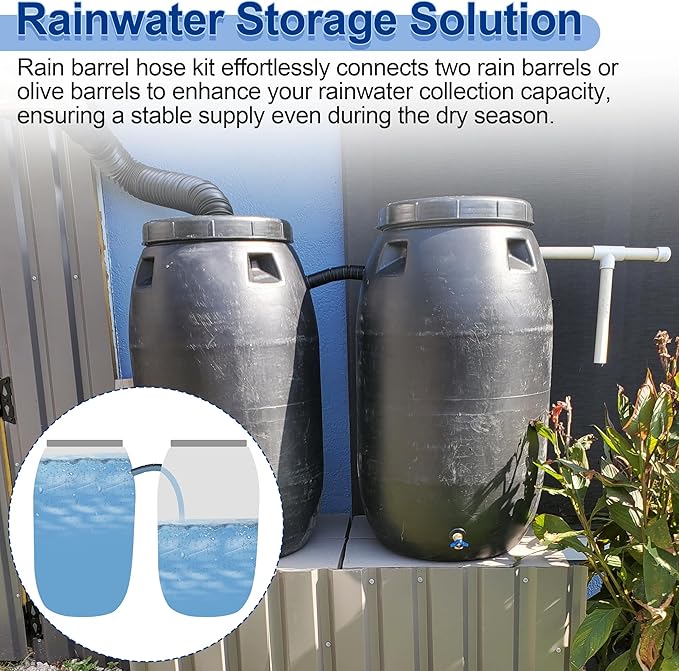 Rain Barrel Hose Connector Kit to Link Rain Water Collection Barrels, Increase Water Storage Capacity, Overflow Hose Olive Barrel Rain Barrel Linking Kit fit for Home Garden Outdoor Chores
