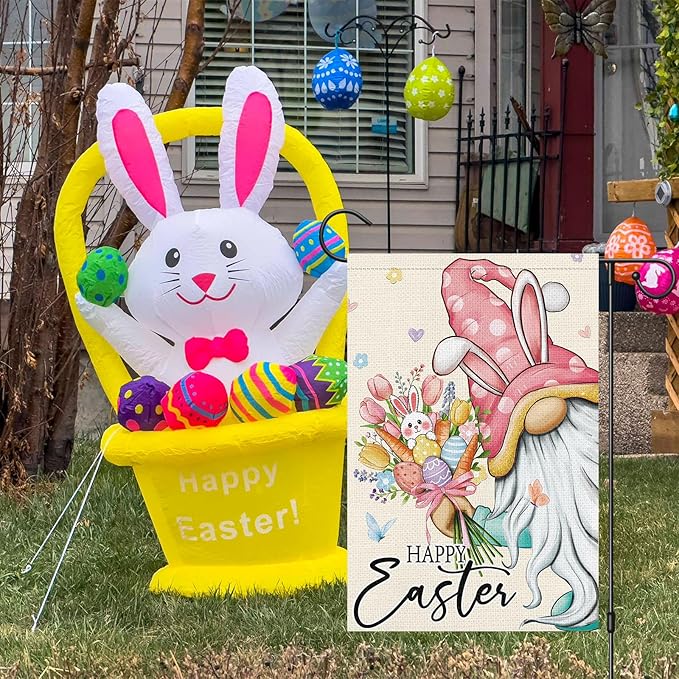 Heyfibro Happy Easter Bunny Gnome Garden Flag 12x18 Double Sided Burlap, Cute Rabbit & Egg Floral Outdoor Yard Banner for Spring Holiday Farmhouse Yard Outdoor Decor(ONLY FLAG)