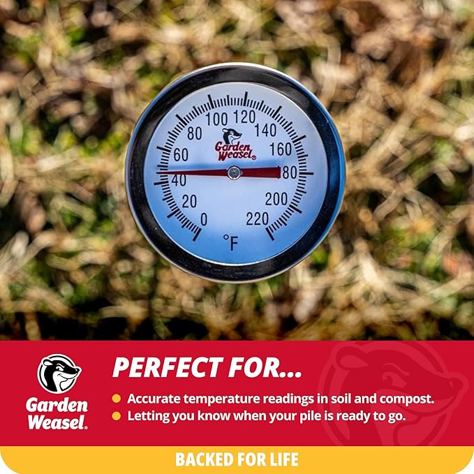 Garden Weasel Analog Soil & Composting Dial Thermometer - 20-Inch Probe | Measures 0 to 220 Degrees Fahrenheit | Soil Temperature, Worm Compost | 98000-A