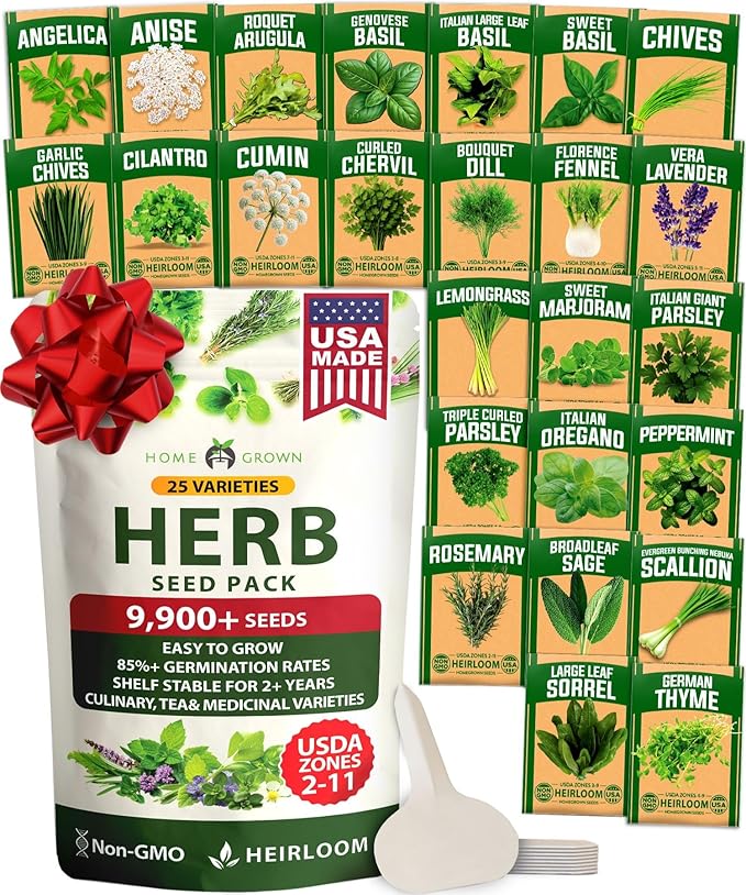HOME GROWN 25 Herb Seeds for Planting 8,700+ Non-GMO Heirloom Seeds | Extra Large Variety Pack Herb Kit – Indoor Outdoor & Hydroponic | Culinary Seed Set | Grow Your Own Herbs | Gardening Gift