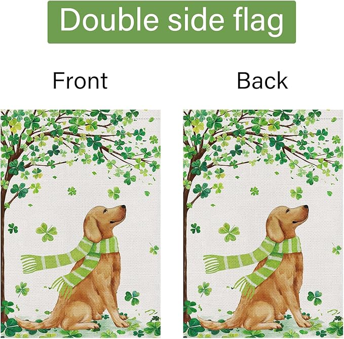 Louise Maelys St. Patrick's Day Garden Flag Lucky Clover Golden Retriever Welcome Double Sided 28x40 Inch Large Burlap Spring Holiday Yard Sign Outdoor Outside Home Decor
