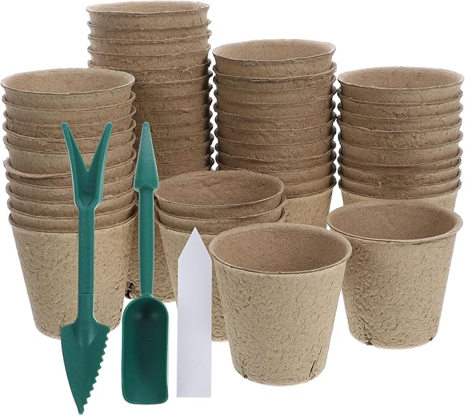 Homoyoyo Seed Starter Peat Pots, 50 Pcs Biodegradable Breed Pots with Plant Labels and Mini Garden Tools, Seed Starting with Drainage Holes for Seedlings, Herbs, Vegetables, Nursery Garden 3.1 Inch