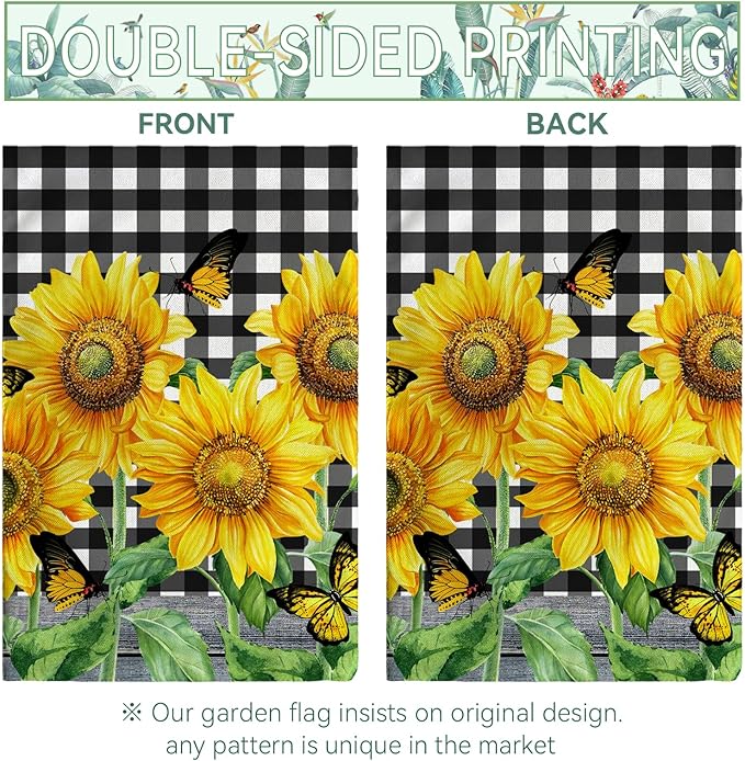 Sunflower Garden Flags Double Sided Black and White Check Garden Flag 12 x 18 In Yellow Summer Flowers Yard Flags for Outdoor Decorations Farmhouse Seasonal Flag for Lawn Outside