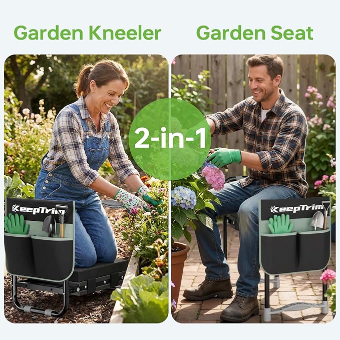 Garden Kneeler and Seat, Foldable Ergonomic Kneeling Bench with Tool Pouch 400 Lbs (Black)