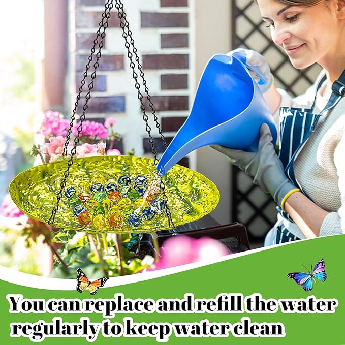 Bee Watering Station for Outside, Hanging Bee Butterfly Feeder for Garden, Metal Butterfly Puddler with Stone Texture Bee Drinking Bowl with Glass Marbles for Outdoors Yard Decor (Hanging-Ellipses)