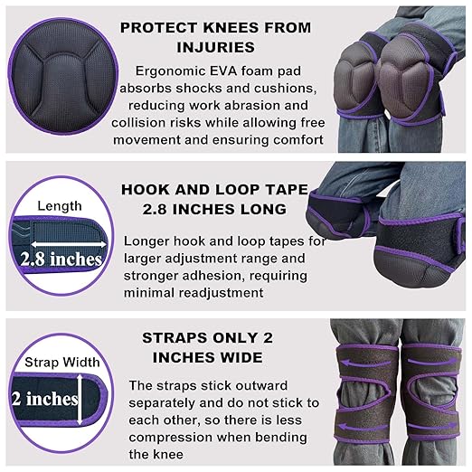 Women Knee Pads for Flooring Work, Garden Knee Pads for Mechanics Men, Adjustable Lightweight Cleaning Knee Pad with Straps for Caving Crawling Kneeling Painting for Adult Workers, Purple Plus Size (1 Pair)