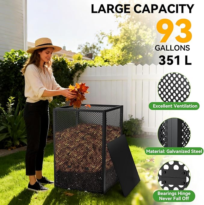 Compost Bin Outdoor with Lid - Large 93/130 Gal Composter 2-in-1 Design, Heavy-Duty Galvanized Steel Perforated Sheet with Rust-Proof Coating, Versatile Outdoor Fence, for Garden, Yard & Kitchen Waste