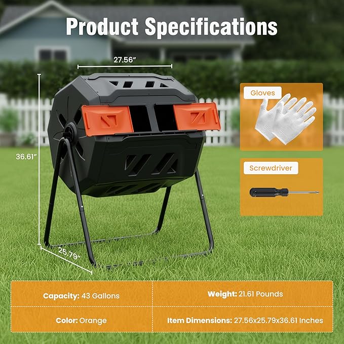 NEWBULIG Compost Bin Outdoor 43 Gallon, Dual Chamber Composter Tumbler Outdoor with Gloves, Efficient 360°Rotating Composting Bin for Patio, Lawn, Home Gardening and Landscape, Orange