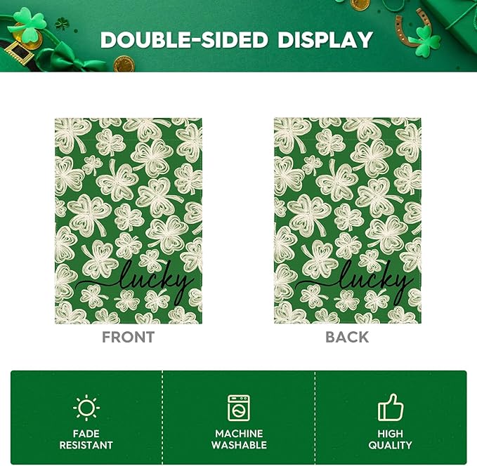 AVOIN colorlife St Patricks Day Garden Flag 12x18 Inch Double Sided Outside, Green Shamrock Lucky Clover Holiday Yard Outdoor Flag