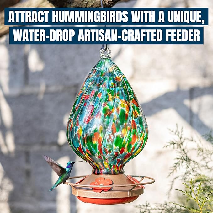 MEKKAPRO Glass Hummingbird Feeders for Outdoors 45oz, Decorative Feeder with Blown Stained Waterdrop Glass Design for Outdoors and Backyard, Easy Fill with 4 Nectar Feeding Flowers (Green)