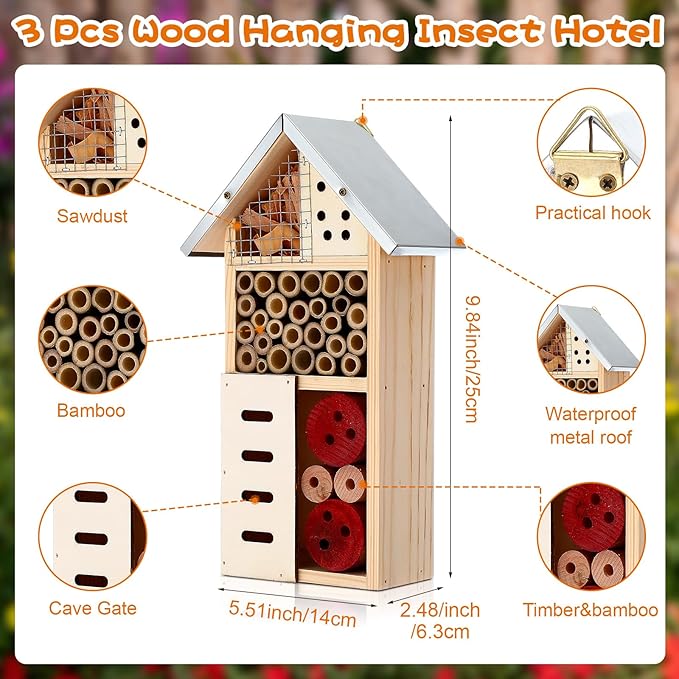 Maitys 3 Pcs Wooden Mason Insect Bee Hotel Butterfly House Natural Ladybug House Bug Hotel for Garden Outdoor Butterfly Ladybugs Live Bee Box Attracts Pollinators, 10 x 5.5 x 2.5 Inch