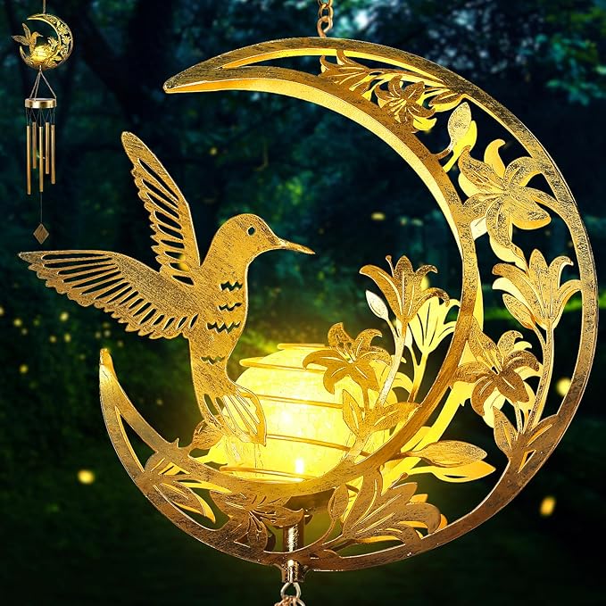 Hummningbird Solar Outdoor Wind Chimes - Unique Moon Hummingbird Design, for Mothers, Grandmothers, Sisters, Friends and Girls on Birthdays, Christmas, Thanksgiving and Mother's Day