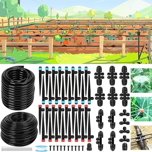 128FT Drip Irrigation System,2025 Upgrade Quick Connector Garden Watering System Automatic Sprinkler with 1/2'' 1/4'' Irrigation Tubing Hose Adjustable Nozzle for Lawn Greenhouse Plant Flower Bed
