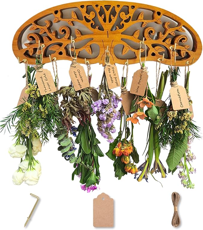 Rustic Herb Drying Rack Hanging,Wooden Tree of Life Dried Herb Flowers Rack Wall Art,Home Kitchen Witch Decor Wall Flowers Grass Gift,with 11 Hooks and 25 Gift Cards & 40 Inch Twine