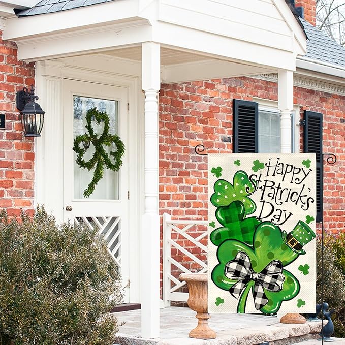 AVOIN colorlife Happy St Patricks Day Garden Flag 12x18 Inch Double Sided Outside, Lucky Shamrocks Clovers Holiday Yard Outdoor Flag
