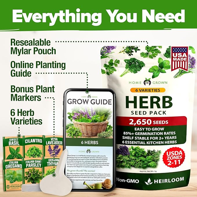 HOME GROWN 6 Herb Seeds for Planting 2,650+ Non-GMO Heirloom Seeds | Extra Large Variety Pack Herb Kit – Indoor Outdoor & Hydroponic | Culinary Seed Set | Grow Your Own Herbs | Gift for Beginners