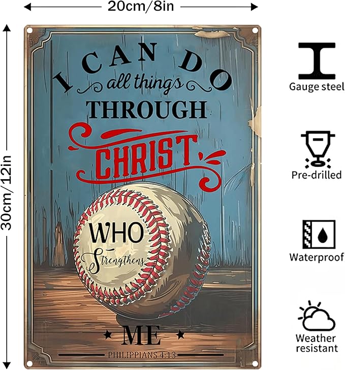 Vintage Baseball Metal Signs-Baseball Gifts for Boys 8-12,Baseball Decor for Boys Room(I Can Do All Things Through Christ Who Strengthens Me Baseball Signs) 8x12 Inch