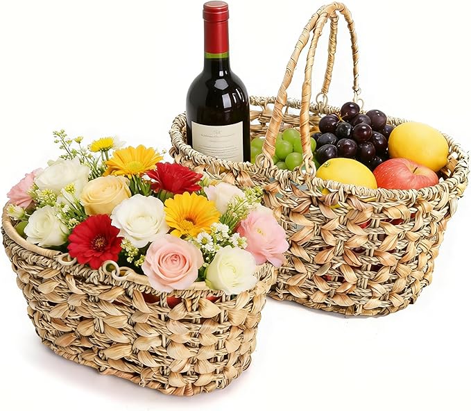 SOUJOY 2 Pack Wicker Picnic Basket with Handle, Natural Hand Woven Rattan Easter Baskets, 13" and 11" Nesting Gift Baskets for Outdoor, Camping, Garden, Wedding, Home Organization